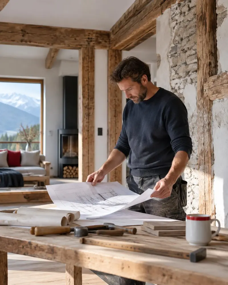 Handwerker plant die behutsame Sanierung eines Allgäuer Hauses